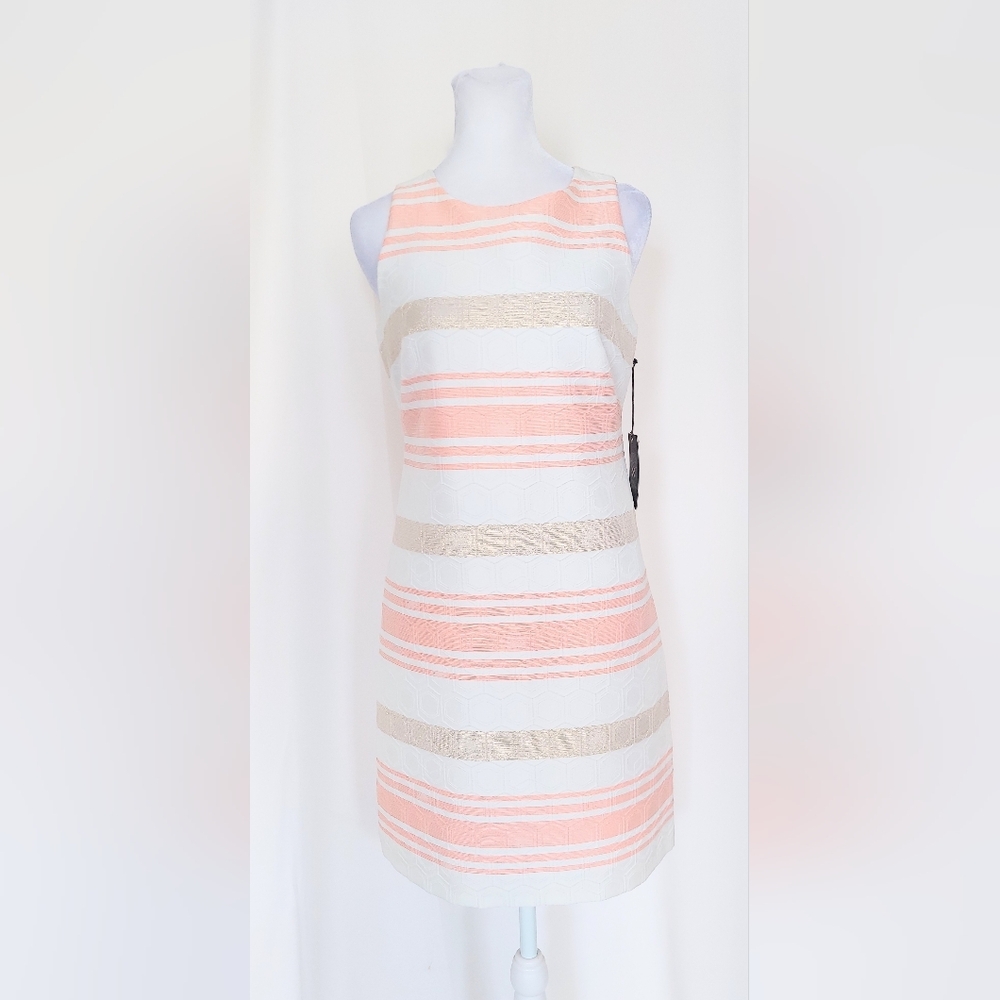 Vince Camuto Striped Jacquard Dress Pink Gold White Size 0 NWT